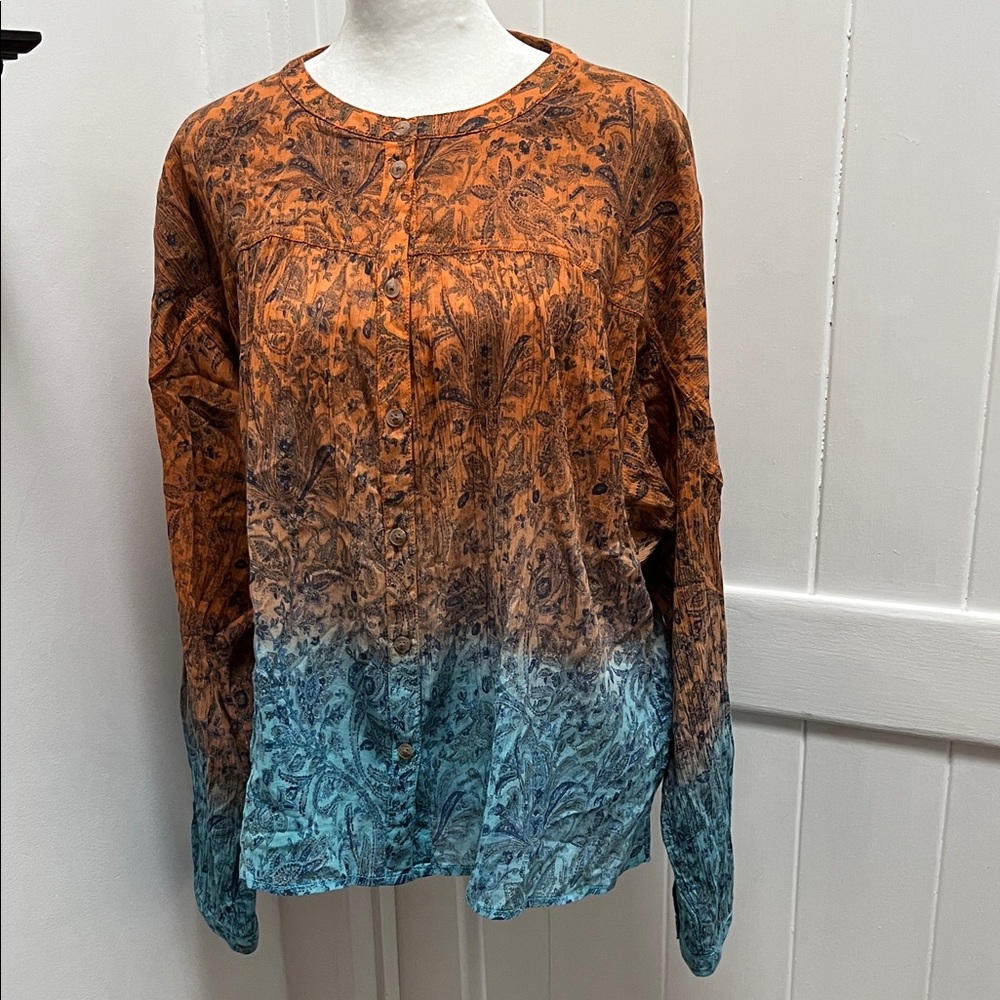 Pilcro Paisley Button-Front Blouse in Mustard and Blue